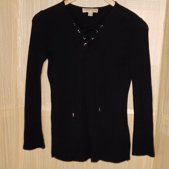 Michael Michael Kors Womens Navy Blue Tunic Thermal Lace Up Top Small - Picture 1 of 7